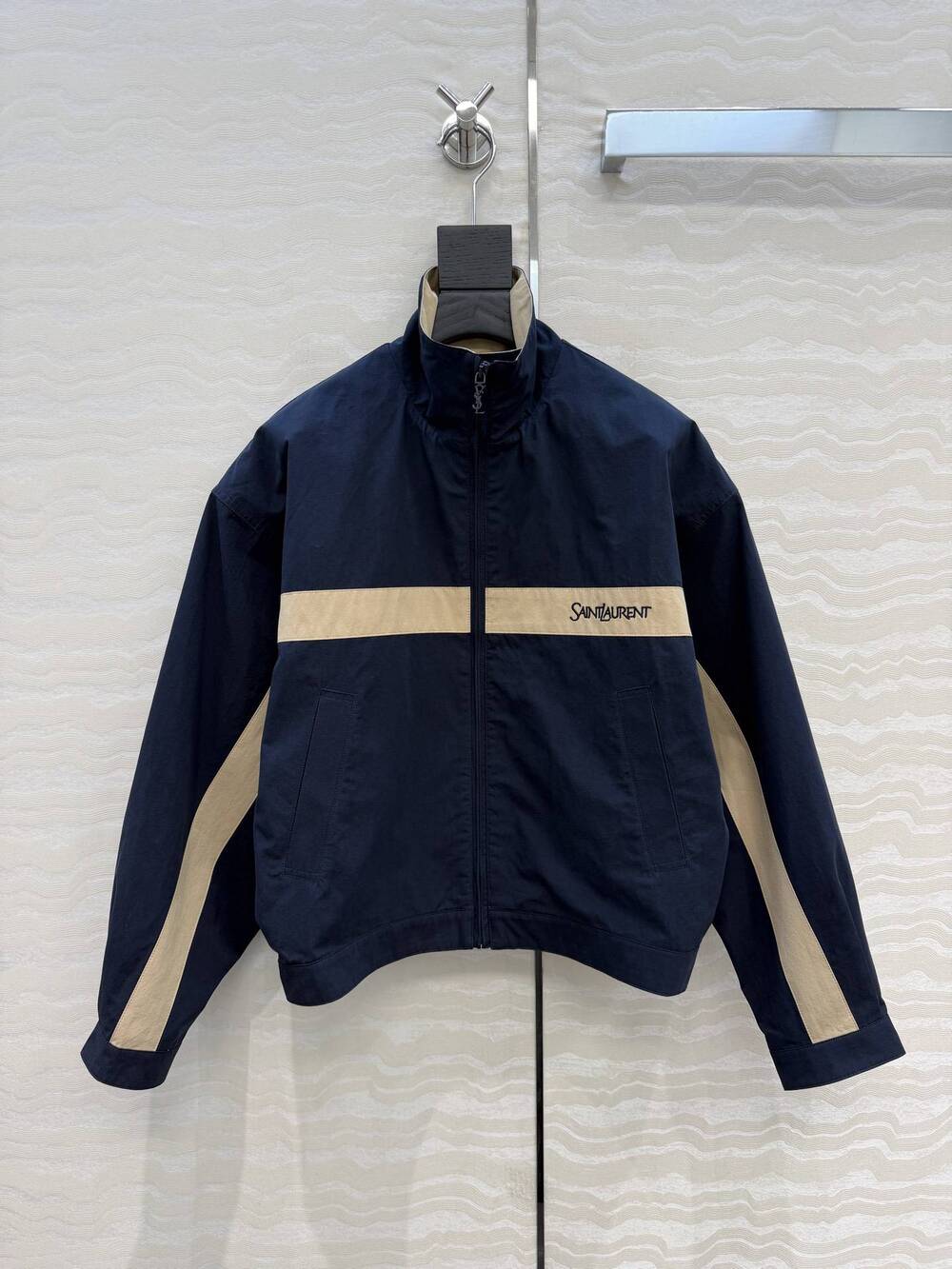 ✨YSL Saint Laurent 🖤Navy Beige Stripe Zip Track Jacket